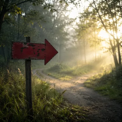 Red Arrow Sign Toward Morning Light