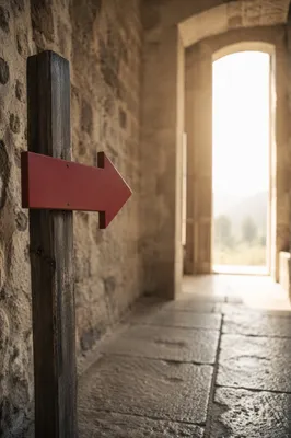 Red Arrow Sign in Quiet Stone Corridor