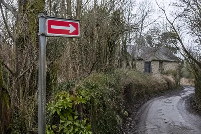 Red Arrow Sign on Rural Roadside
