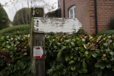 Weathered Arrow Sign on Quiet Garden Path