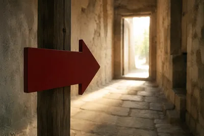 Red Arrow Sign in Stone Corridor