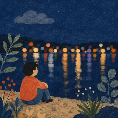 Abstract Night Bokeh Over Calm Waterfront