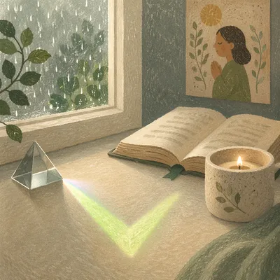 Luminous Green Checkmark in Prayer Room