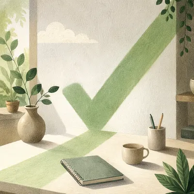 Green Checkmark Light on Minimal Studio Wall