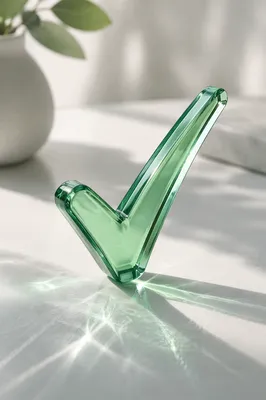 Green Glass Checkmark on White Table