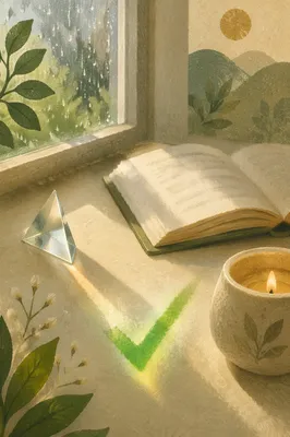 Green Checkmark Light on Cream Tabletop