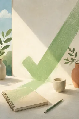 Green Checkmark Light on Minimal Studio Wall