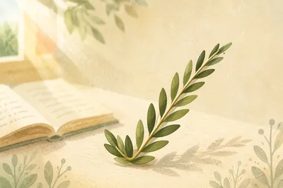 Green Olive Leaf Checkmark on Cream Tabletop