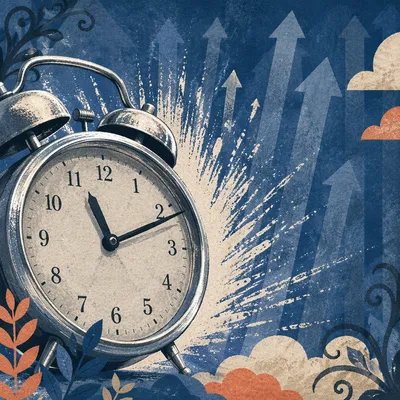 Vintage Alarm Clock with Urgent Blue Arrows
