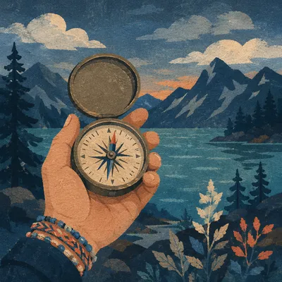 Compass in Hand by Twilight Mountain Lake