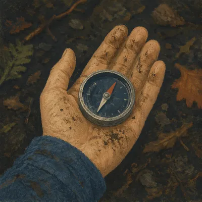 Hand Holding Compass in Moody Forest