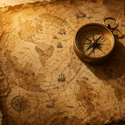 Antique Compass on Sepia Navigation Map