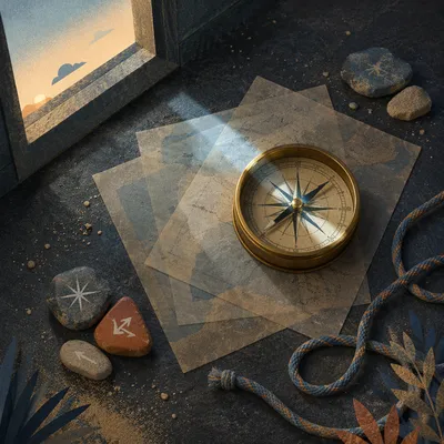 Brass Compass on Abstract Dawn Maps