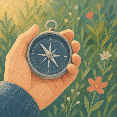 Hand Holding Pocket Compass in Meadow
