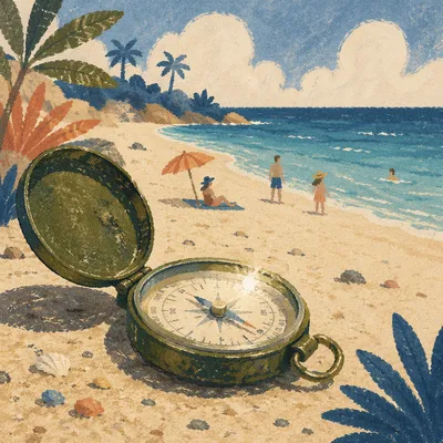 Open Compass on Sunlit Tropical Beach