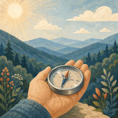 Compass in Hand Over Mountain Valley