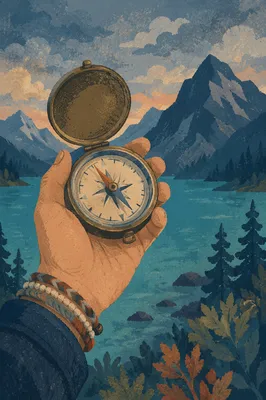 Handheld Compass Over Twilight Alpine Lake