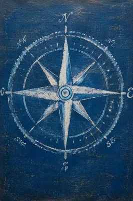 Hand-Painted Compass Rose on Ocean Blue