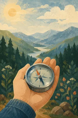 Compass in Hand Over Mountain Valley