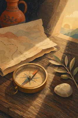 Brass Compass with Map in Morning Light