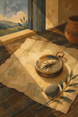Weathered Compass on Parchment Map