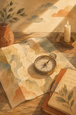 Brass Compass on Map in Morning Light