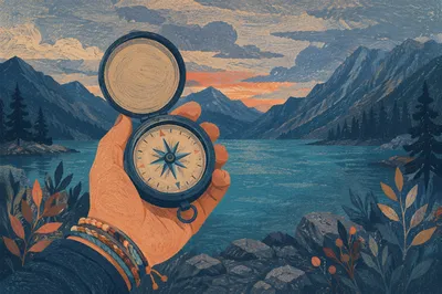 Compass Guidance Over Twilight Mountain Lake