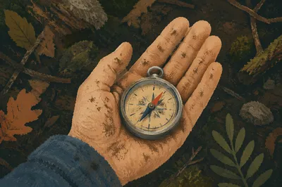 Hand Holding Compass in Forest Adventure