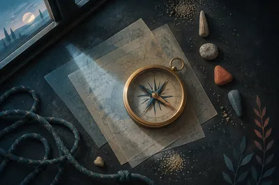 Brass Compass on Abstract Dawn Map