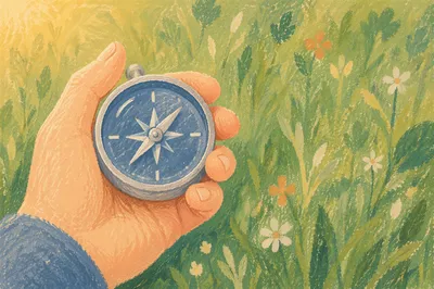 Hand Holding Pocket Compass in Meadow