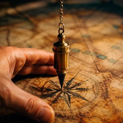 Antique Compass Pendulum Over Parchment Map