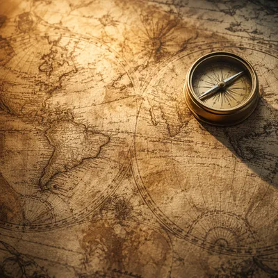 Antique Compass on Sepia Navigation Map