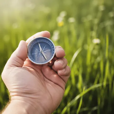 Hand Holding Pocket Compass in Meadow