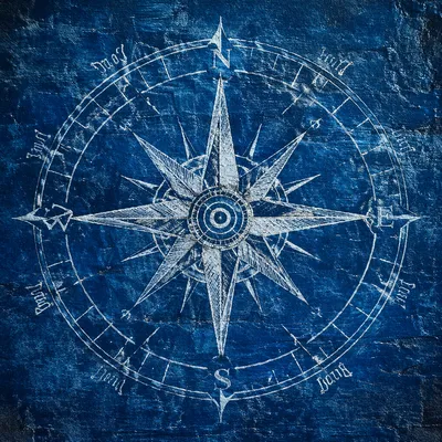 Hand-Painted Compass Rose on Ocean Blue