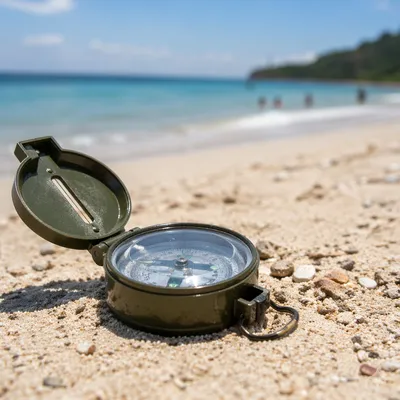 Sunlit Compass on Tropical Shoreline