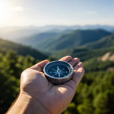 Compass in Hand Over Mountain Valley