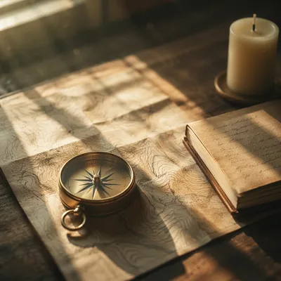 Brass Compass on Map in Morning Light