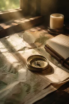 Brass Compass on Map in Morning Light