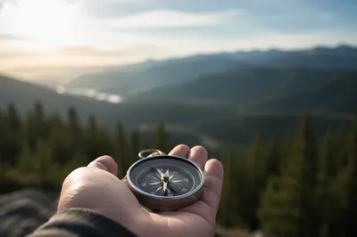 Compass in Hand Over Mountain Valley
