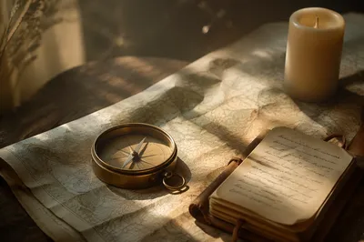 Brass Compass on Map in Morning Light