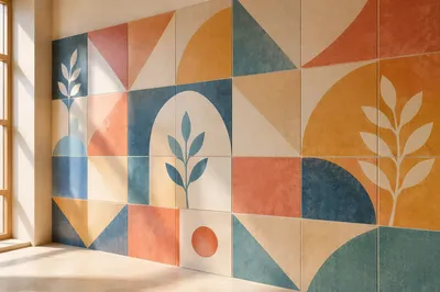 Colorful Geometric Tile Wall in Morning Light