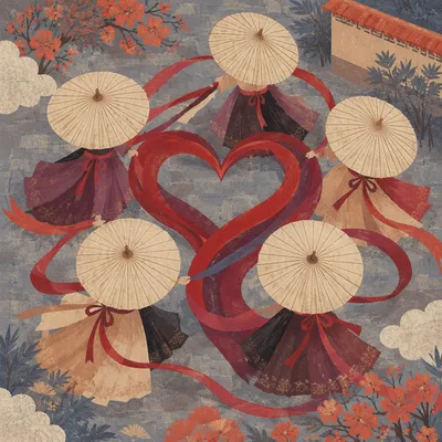 Crimson Heart Ribbons Beneath Festival Parasols