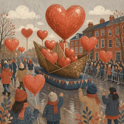 Red Heart Balloon Procession With Bronze Boat