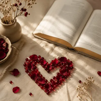 Red Petal Heart on Linen Cloth