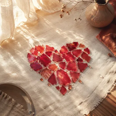 Crimson Glass Heart on Cream Linen