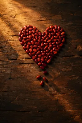 Red Bean Heart on Rustic Wood