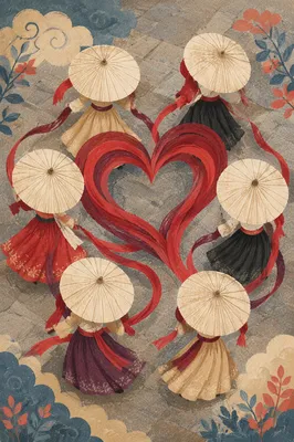 Crimson Heart Ribbons with Festival Parasols