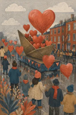 Red Heart Balloons in Urban Street Procession