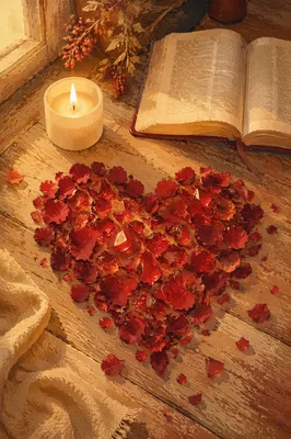 Red Petal Heart on Wooden Table