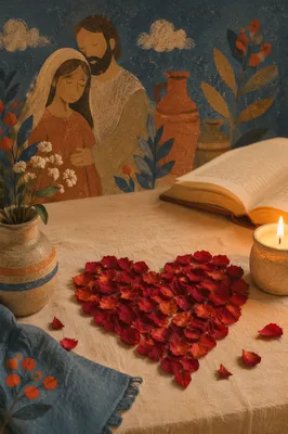 Red Rose Petal Heart With Candlelight